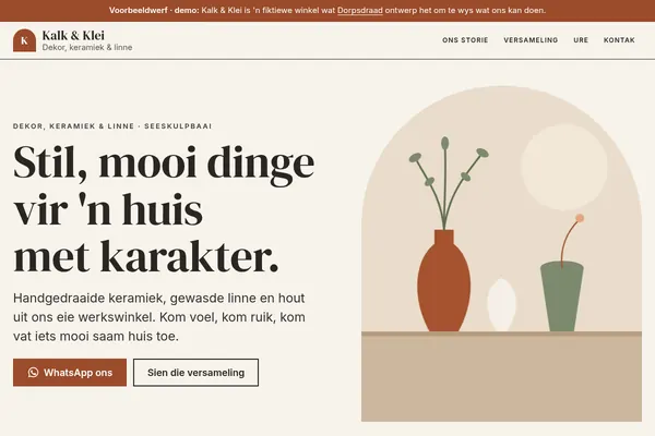 Voorbeeldwebwerf vir Kalk en Klei, ’n fiktiewe dekorwinkel