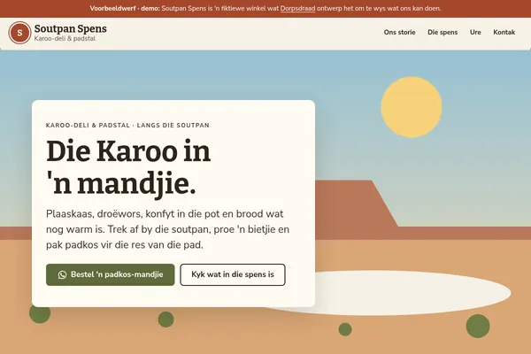 Voorbeeldwebwerf vir Soutpan Spens, ’n fiktiewe Karoo-deli en padstal